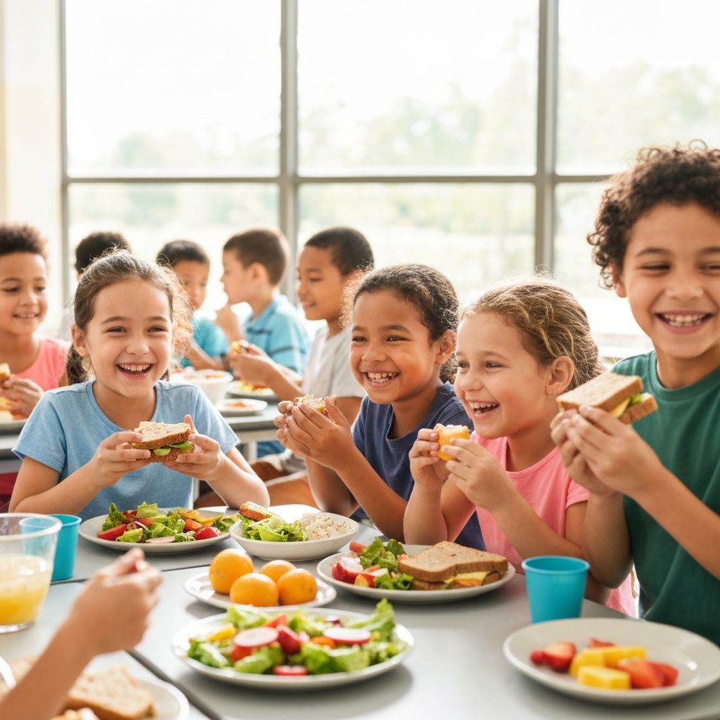 Children smiling while eating fresh food at school